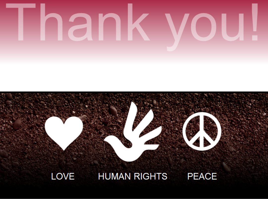 A pink Thank You with the beyond borders logo below it reading love, human rights, and peace 