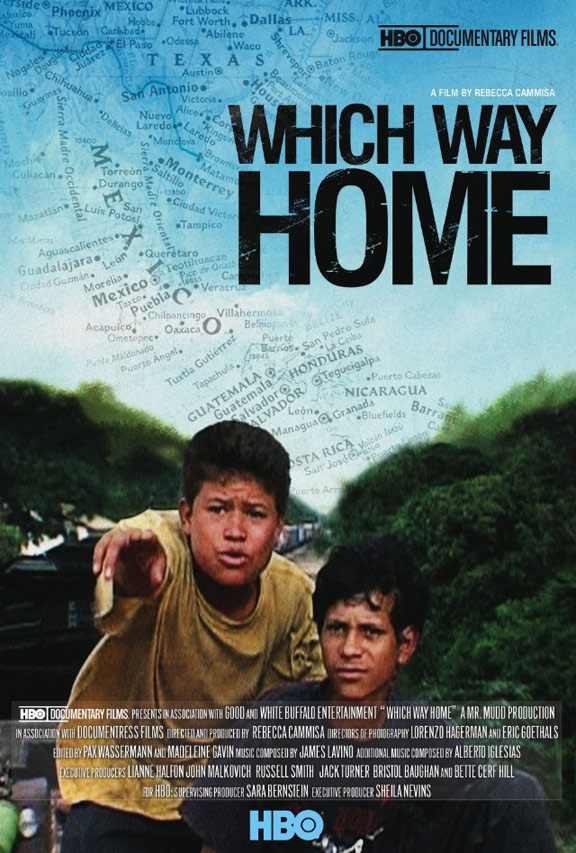 Film Poster of Which Way Home with two young individuals pointing and looking into the distance with a map of mexico and texas over a blue background with the film credits at the bottom