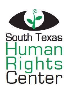 South Texas Human Rights Center logo with a simple all black eye and an animated green plant in the center