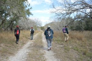 Team members walking along a road on a ranch
