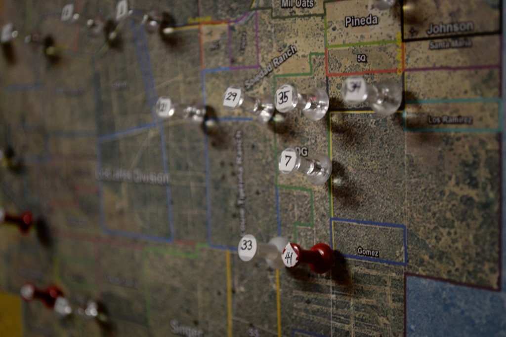 Map of Brooks County with push pins labeled with numbers to identify where water stations are located 