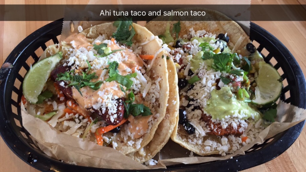 Team member's lunch of ahi tuna and salmon tacos