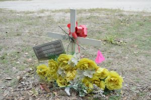 A wooden cross, metal marker, and flowers for a burial.