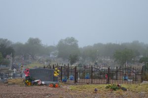 Fog in a cemetery.