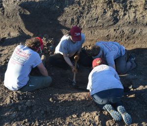 Four team members excavating a burial.