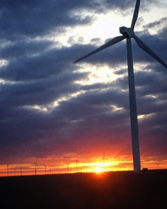 Texas sunrise next to a windmill.