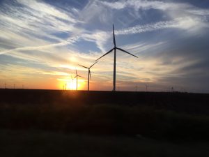 Texas sunset behind windmills.