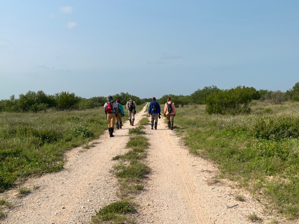 Team members walking along a road on a ranch