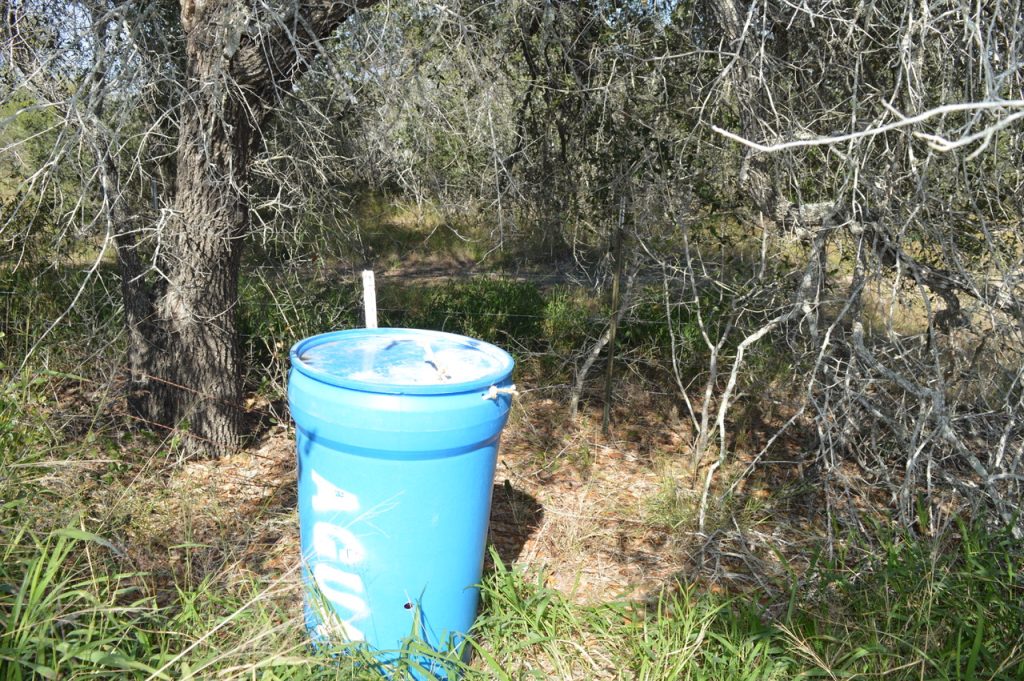 blue barrel in front of a fence line and brush