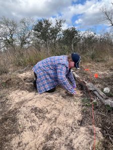 Team member Lilly troweling in the sand