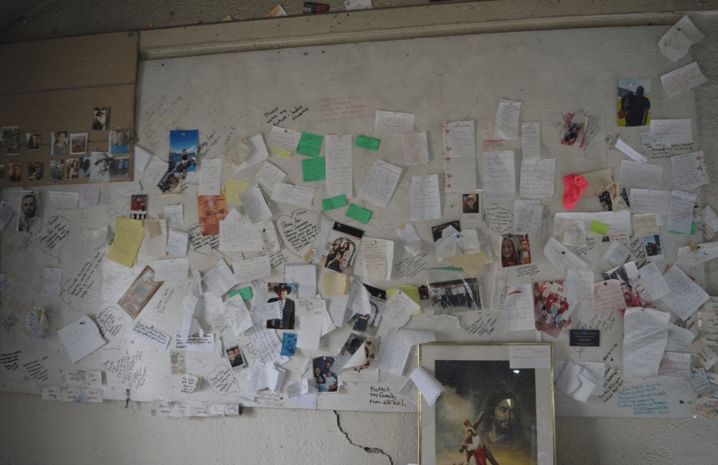 A wall decorated by those who visited the shrine.