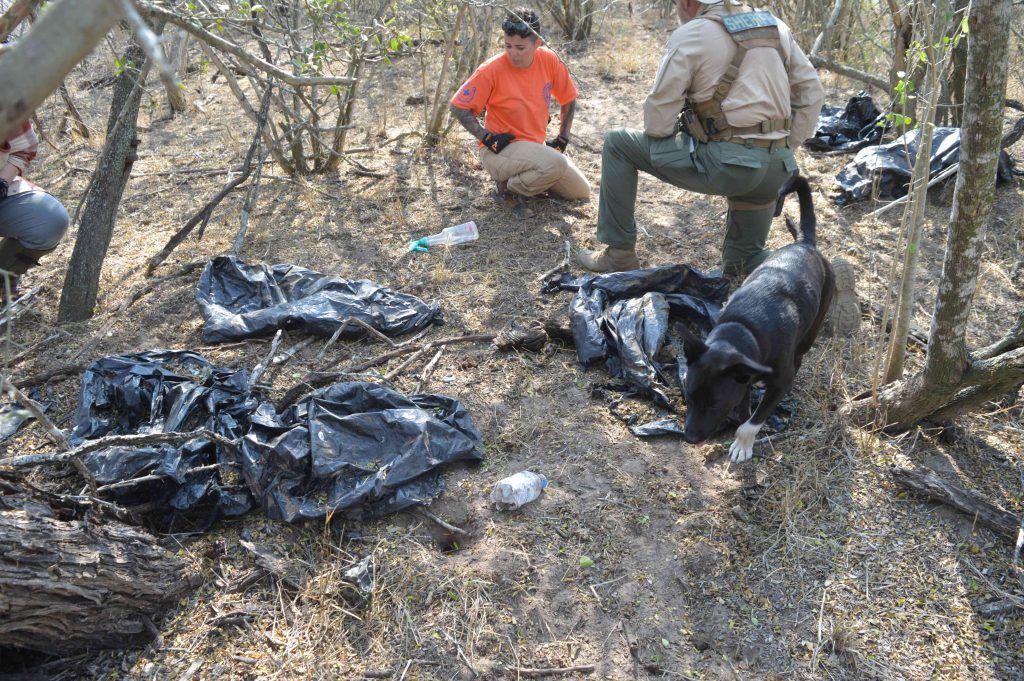 Melissa and Don look at trash bags within a layup